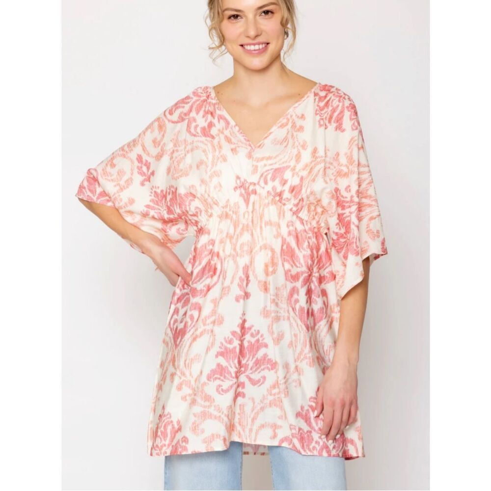 Do everything in love Pink & Cream Floral V-Neck Swim Coverup Tunic